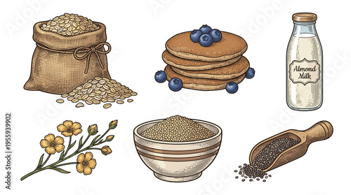 A set of vintage engraving style vector illustrations. Includes healthy breakfast foods like oats, pancakes, almond milk, and superfoods. Perfect for menus and packaging.