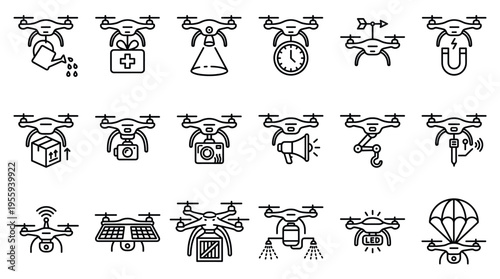 A set of modern drone icons for delivery, agriculture, and surveillance. Vector line art illustrates various quadcopter functions for tech infographics and web design.