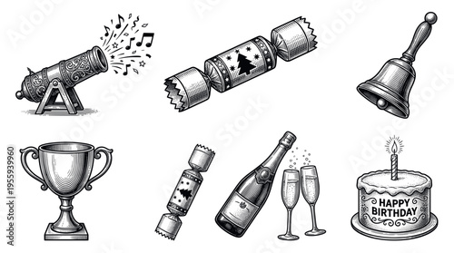 A set of vintage celebration icons in a hand-drawn engraved style. Includes birthday cake, trophy, champagne, and holiday elements for party or event design. Vector illustration.