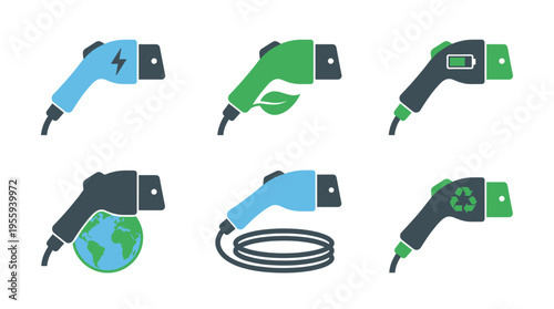 A set of electric car charger plug icons. Symbols for green energy, sustainability, and EV charging stations. Vector illustration for eco-friendly transport concepts.