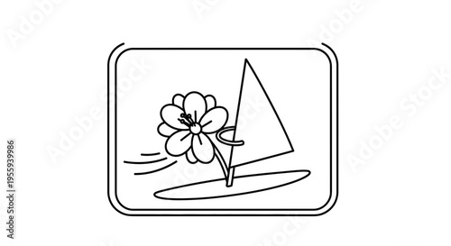 Windsurfing flower with petals blowing in the wind, abstract concept, vector illustration