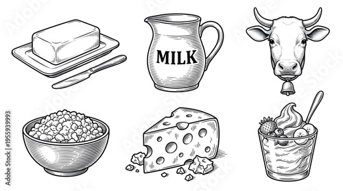 A set of vintage dairy products illustrations. Hand-drawn vector sketch of milk, cheese, butter, cow, yogurt. For farm food packaging, menu design, or organic branding.