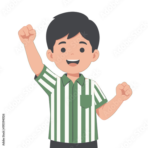 Happy Boy Character Vector Illustration, Excited Cartoon Child Raising Arms in Joy, Isolated for Kids and Education