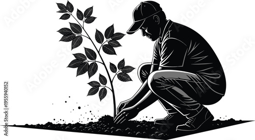 Black and white vector illustration of a man planting a young tree sapling in soil, representing reforestation, gardening, and sustainability.