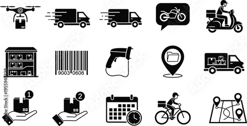 Logistics and delivery service icon set featuring drone shipping, truck transport, barcode scanner, warehouse storage, bicycle courier, and map tracking symbols.