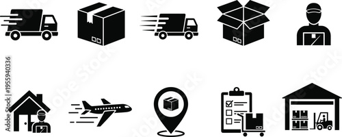 Logistics and shipping icon set featuring delivery trucks, air freight, warehouse storage, cardboard boxes, courier services, and packag
