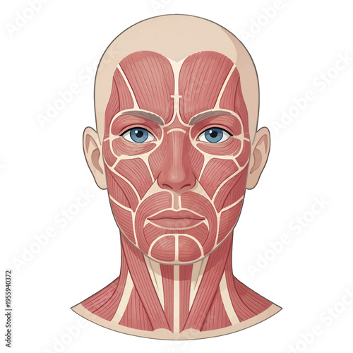 Human Head Anatomy Illustration Vector, Detailed Muscle Diagram for Medical Education and Healthcare