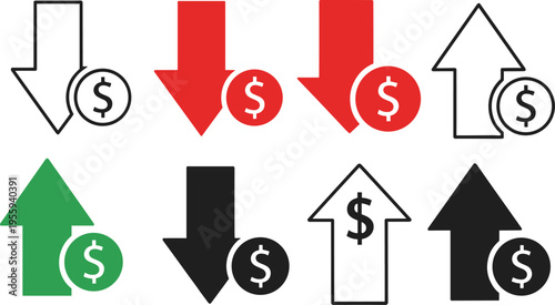Vector icon set of financial arrows and dollar signs indicating price increase, decrease, inflation, deflation, stock market trends, and currenc