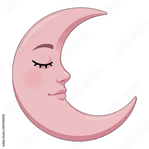 Pink Crescent Moon Face Illustration Vector, Cute and Whimsical Design for Night and Sleep Themes