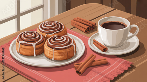 Warm cinnamon rolls with icing on a plate next to a cup of coffee on a wooden table by the window