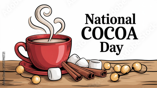 Steaming red cup of hot cocoa with marshmallows and cinnamon on a wooden table for national cocoa day