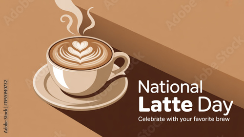 National latte day celebration with steaming cup of coffee on saucer with heart design on foam