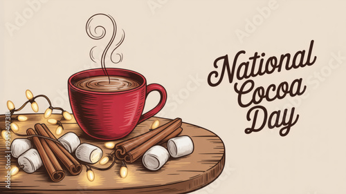 Warm red mug of hot cocoa with marshmallows and cinnamon on a wooden board for national cocoa day