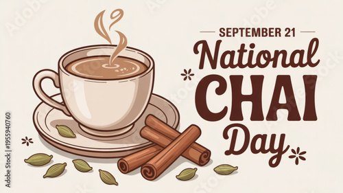 Warm cup of chai tea with cinnamon sticks and leaves on national chai day