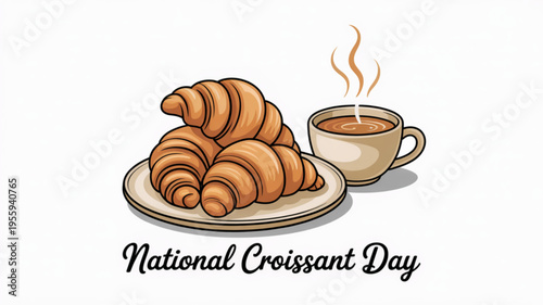 Croissants on a plate with a steaming cup of coffee on national croissant day celebration