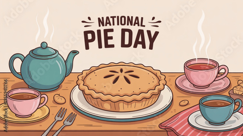 National pie day celebration with tea and delicious homemade pie on wooden table