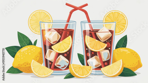 Two glasses of refreshing lemonade with ice cubes and straws surrounded by lemons and slices on a white background perfect for summer drinks and beverages