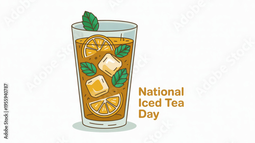 Refreshing glass of iced tea with lemon slices and mint leaves on national iced tea day celebration