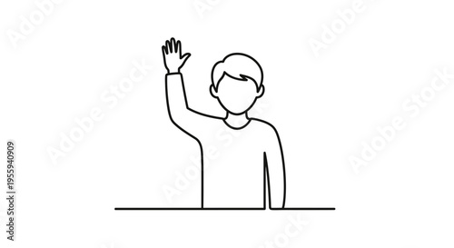 Man raising hand, asking question, isolated on white background, simple line art icon