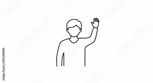 Man Waving Hand, Simple Line Art Icon, Greeting Gesture, Friendly Hello, Minimalist Vector Illustration