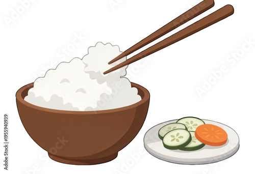 Rice and Vegetable Meal Illustration Vector, Flat Food Design with Chopsticks for Menus and Culinary Concepts