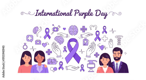 Illustration of diverse people with purple ribbon and icons for International Purple Day epilepsy awareness campaign with a supportive community and purple color scheme on a white