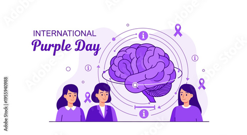 Illustration of three women supporting International Purple Day for epilepsy awareness with a purple brain and ribbons on a white background.