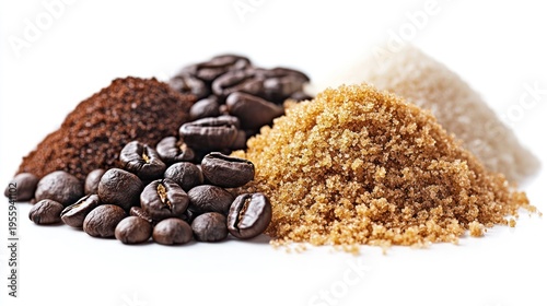Coffee beans, ground coffee, brown sugar, white sugar; ingredients for beverages