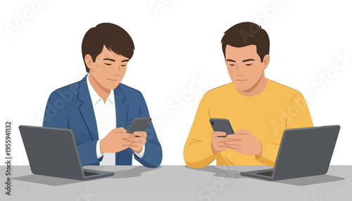 Two Men Using Smartphone and Laptop Vector Illustration, Modern Flat Design for Technology and Business Apps
