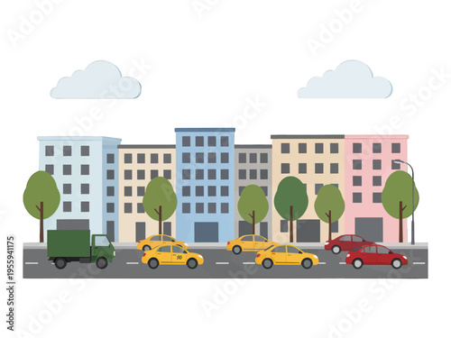 Urban City Street Vector Illustration, Flat Design with Buildings, Cars, and Trees