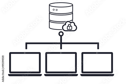 クラウドデータベースと複数端末のネットワーク接続のイラスト
