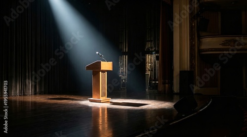 Podium in the spotlight, waiting for a speaker. The scene exudes anticipation and the promise of knowledge shared