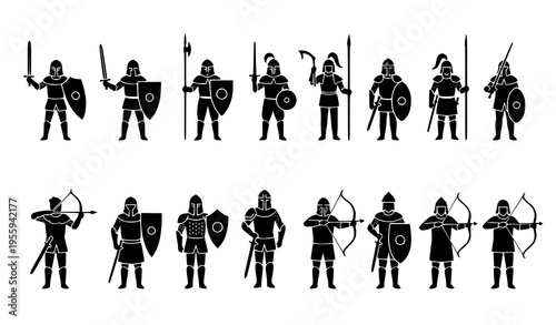 Minimal medieval soldier silhouettes icons with swordsmen spearmen and archers for UI and game design