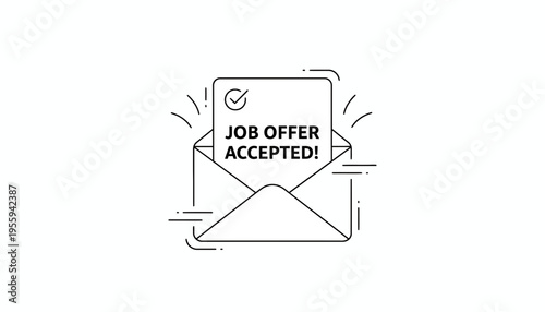Job Offer Accepted! Envelope with Checkmark Icon and Wavy Lines