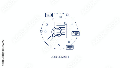 Job Search Concept: Magnifying Glass Over Document with Resume Cards, Recruitment Icon