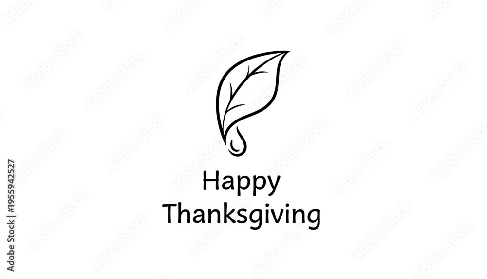 Fototapeta premium Happy Thanksgiving text with leaf icon and water drop, autumn holiday greeting