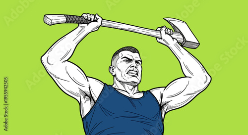 Muscular man holding axe over head illustration
