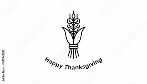 Happy Thanksgiving Wheat Stalk Icon, Minimalist Line Art, Autumn Harvest Celebration