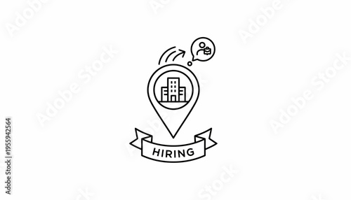 Hiring icon: Location pin with building and person thinking, banner with 'Hiring'