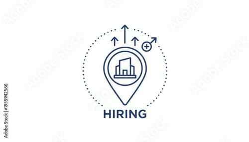 Hiring icon with building and upward arrows, representing recruitment and growth