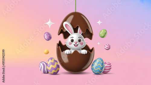 Easter bunny emerges from chocolate egg surrounded by colorful decorated eggs on pastel background