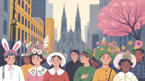 Diverse group of people wearing floral hats and bunny ears standing in a cityscape with a church and skyscrapers during spring