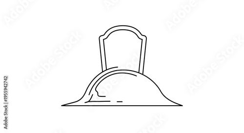 Grave mound with tombstone, outline icon, minimalist vector illustration