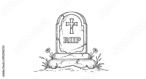 Gravestone RIP Headstone Cemetery Death Memorial Stone Cross Flowers Sketch