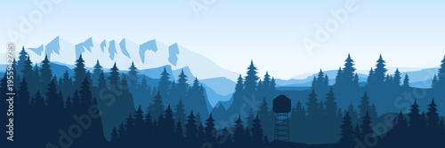 Serene bright morning nature horizon with lookout tower for corporate environmental report layout