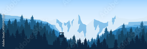 Wide screen minimalist blue nature banner featuring forest fire tower and copy space