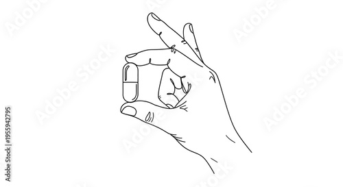 Hand Holding a Single Pill Capsule, Medical Treatment Concept, Close-up Line Art