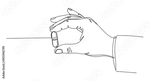 Hand holding a single capsule pill, minimalist line art, medical concept