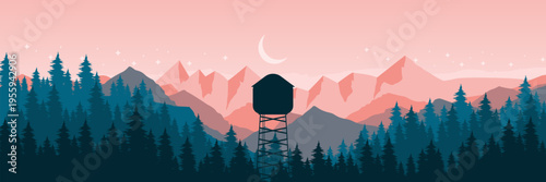 Photos Wide screen dark wilderness banner featuring coniferous forest fire tower and ni