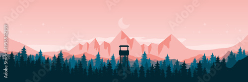 Atmospheric blue midnight woodland vector illustration for creative outdoor adventure presentation